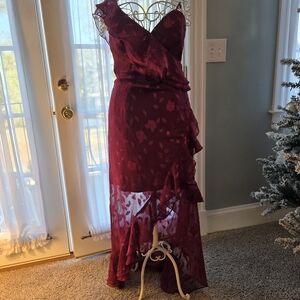 Lulu's Elegant Wine Ruffle & Lace Tiered Dress Size Large